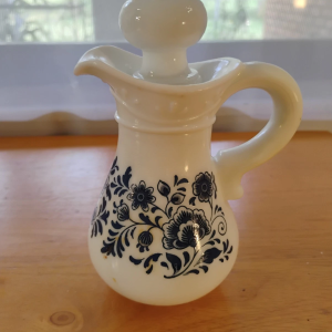 Vintage Avon Blue Delft Milk Glass Cruet Pitcher – 6.5" Country Garden After Bat