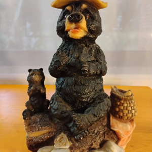 Vintage Black Bear Figurine with Hat & Cub – Resin Cabin Lodge Decor