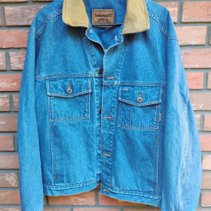 Timberland Weathergear Classic Denim Jacket Men’s L Blue Jean Leather Collar Vtg