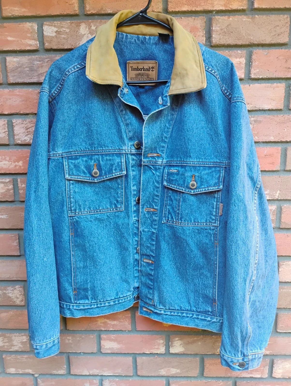 Timberland Weathergear Classic Denim Jacket Men’s L Blue Jean Leather Collar Vtg