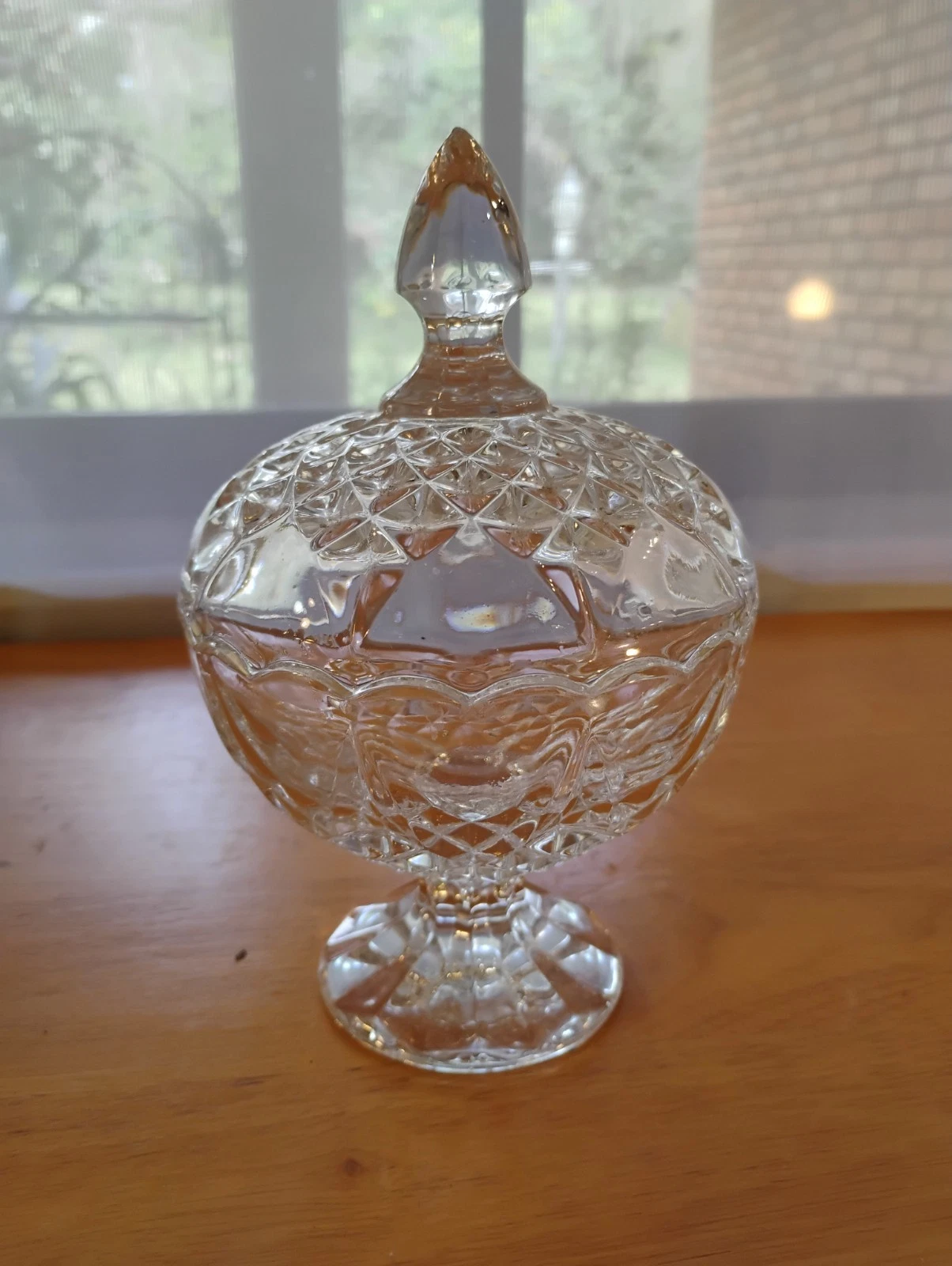 Vintage Pressed Glass Candy Dish with Lid – Diamond Point Pedestal Compote 7"