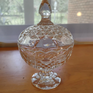 Vintage Pressed Glass Candy Dish with Lid – Diamond Point Pedestal Compote 7"